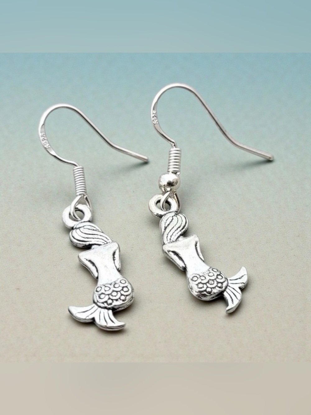 Handmade Stainless Steel Hook Earrings w Back Faced Mermaid Charms